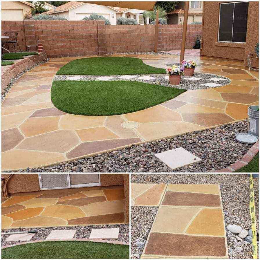 A backyard in Scottsdale, AZ features a yellow-brown flagstone patio and curvy artificial grass sections. Two potted flowers grace the grass. The bottom images show a stone pathway with various colored stones beside small pebbles. Contact our licensed concrete contractors for a free quote!