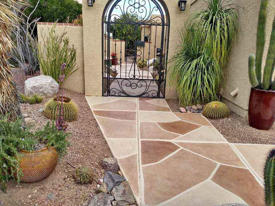 A stone walkway leads to a decorative wrought iron gate in a picturesque desert garden in Scottsdale, AZ. Surrounding the path are various desert plants, including cacti and succulents in both the ground and pots. A beige stucco wall and shrubs are visible in the background.