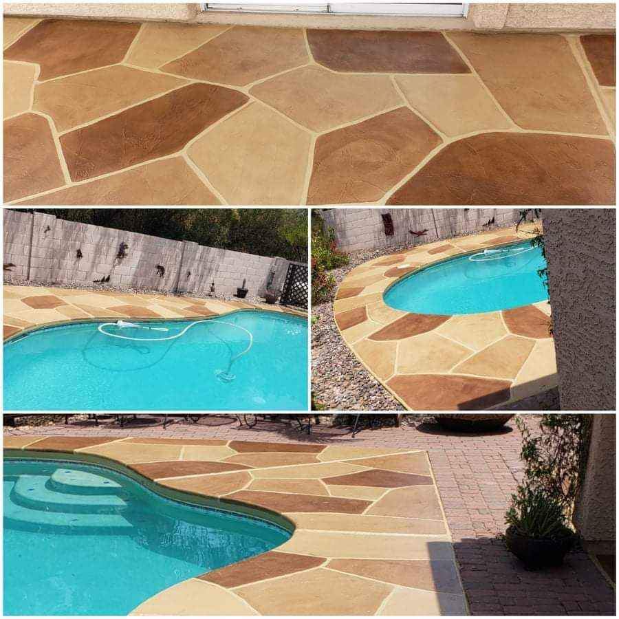 A collage of images showcasing a backyard swimming pool in Scottsdale, AZ, surrounded by beige and brown irregular-shaped stone tiles. The pool is clear and inviting, with a section of coiled pool vacuum hose visible on the deck. The tiled patio extends to an adjacent seating area, perfect for enjoying the serene ambiance crafted by licensed concrete contractors.